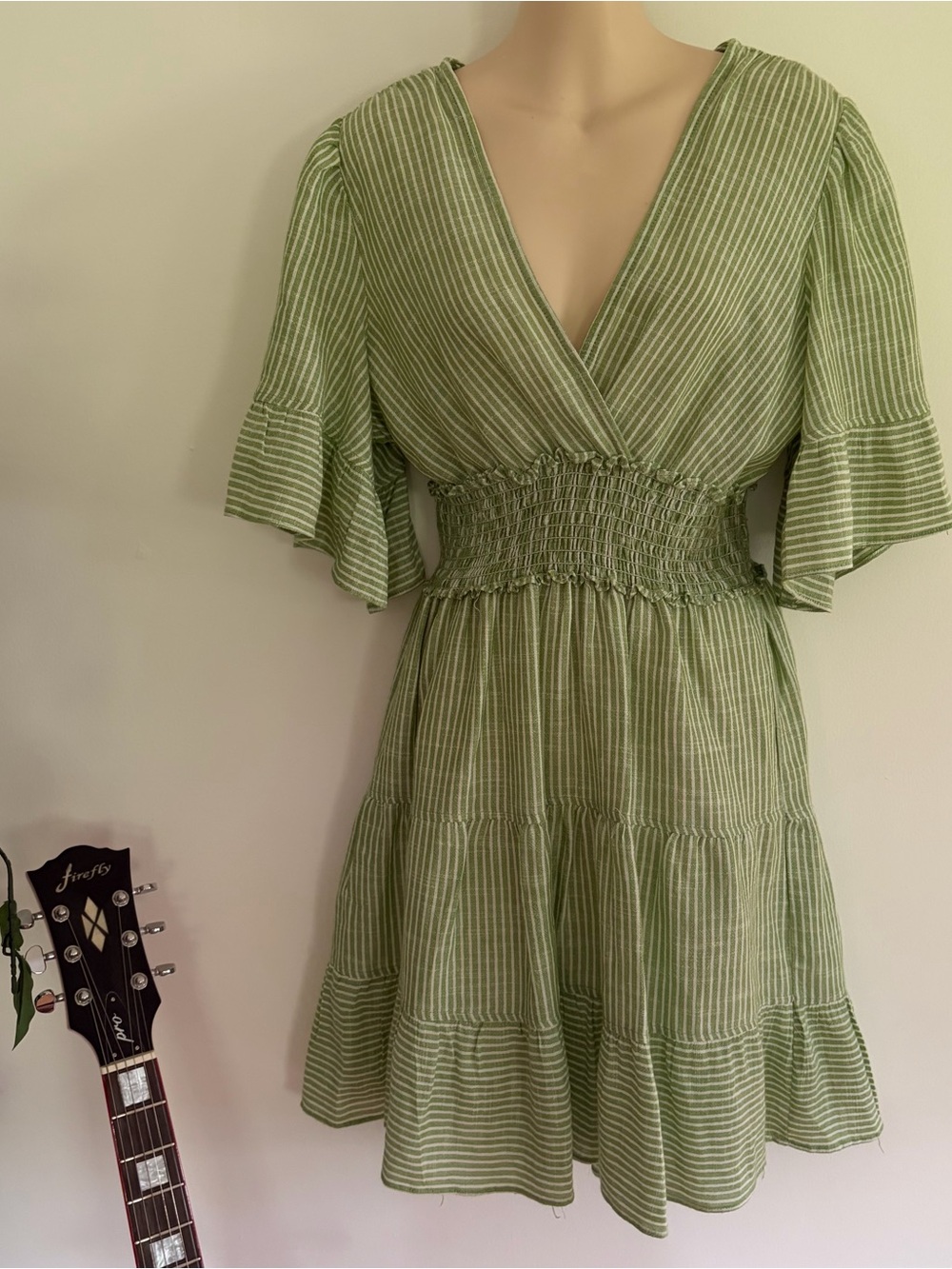 Max Studio Green Striped V-Neck Smocked Waist Linen Blend Dress Sz Large